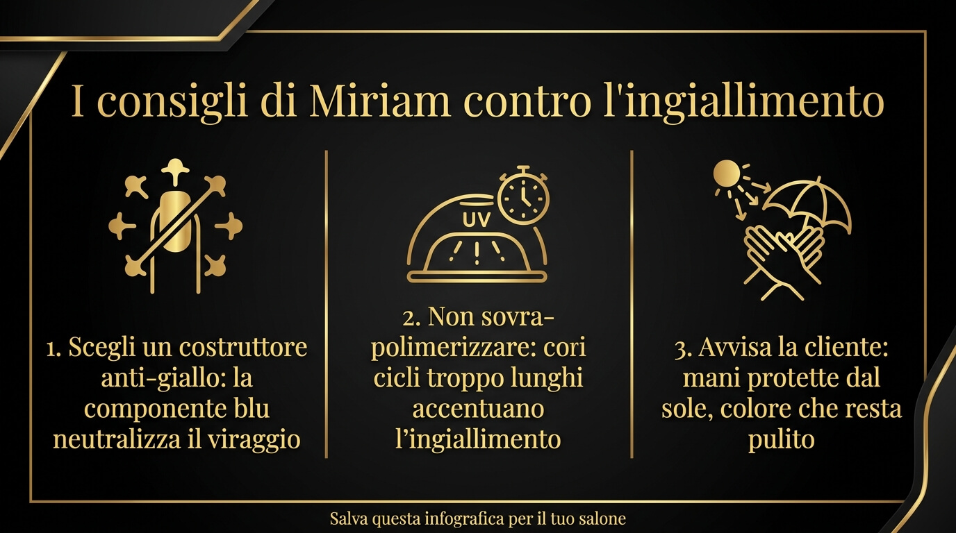 Consigli di Miriam per evitare le unghie gialle e l'ingiallimento del gel dopo il sole